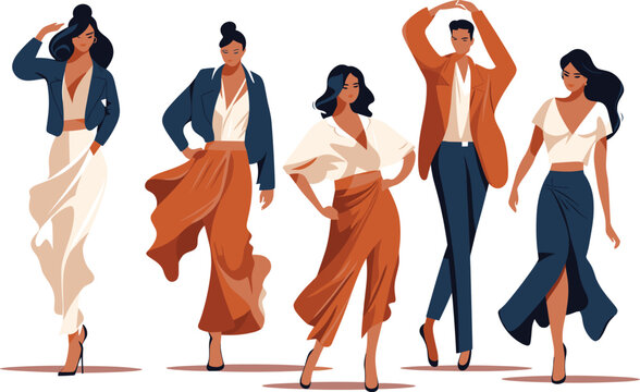 Five confident women fashion models walking in various elegant poses. Stylish feminine clothing and attitude, diverse body language. Empowerment and fashion show vector illustration.