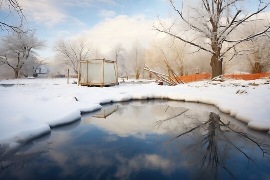frozen pond next to snowed-in orchard