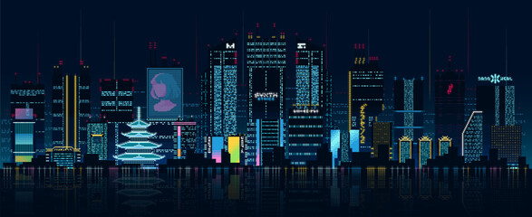 Cyberpunk background. Futuristic night cyberpunk city background with parallax. Multilayer background for pixel art games and design