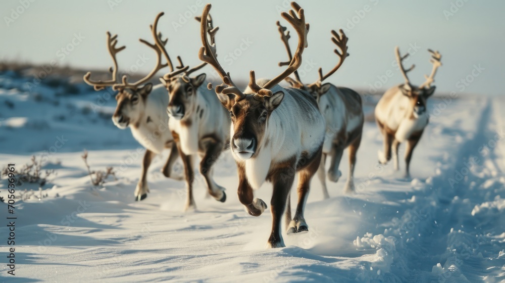 Poster A dynamic image capturing a herd of reindeer running across a snow-covered field. Perfect for winter-themed designs and wildlife-related projects