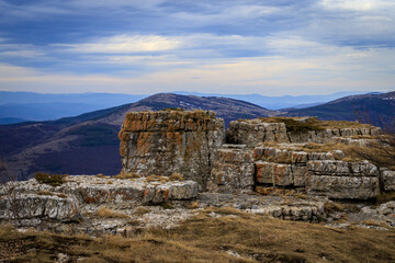 Fototapeta na wymiar View from The Stolo rock phenomenon track. It is the jewel in the crown of Ponor Mountain. It is located near Svoge, Bulgaria on the road from Sofia to Montana (about 50 km from Sofia). 