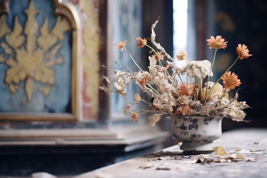dry, withered flowers on an altar inside an abandoned chapel