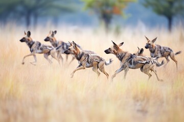 pack of african wild dogs chasing impala in savannah