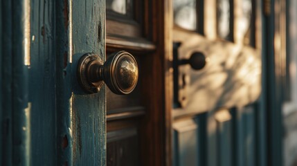 A detailed close-up shot of a door handle on a wooden door. This image can be used to depict security, home decor, or architectural details