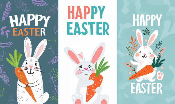 HAPPY EASTER , Bunny or rabbit with carrot, Cartoon Style