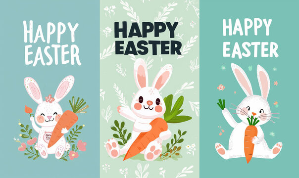 HAPPY EASTER , Bunny or rabbit with carrot, Cartoon Style