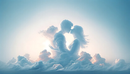 Silhouettes de couple amoureux dans les nuages avec clair de lune ou rayon de soleil, idéal pour st Valentin, mariages, romantisme, amour - obrazy, fototapety, plakaty