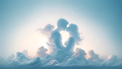 Foto op Plexiglas Silhouettes de couple amoureux dans les nuages avec clair de lune ou rayon de soleil, idéal pour st Valentin, mariages, romantisme, amour © Christophe