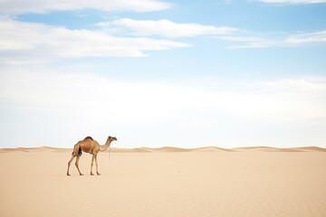 lone camel standing in vast, empty sand desert