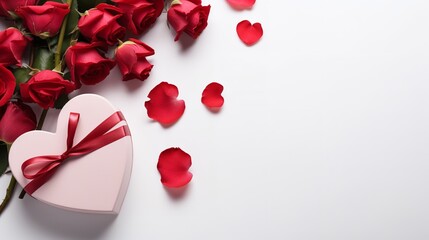 Red flowers in a heart-shaped gift box upward perspective against a white backdrop, copy space, Generative AI.