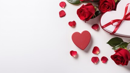 Red flowers in a heart-shaped gift box upward perspective against a white backdrop, copy space, Generative AI.