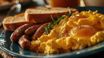 Fototapeta premium A blue plate with a delicious serving of eggs and sausage. Perfect for breakfast or brunch.