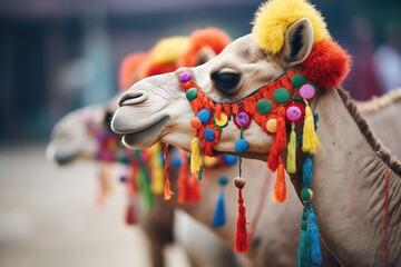 side profile of camels with colorful tack - obrazy, fototapety, plakaty