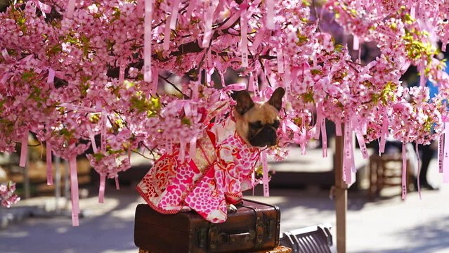 Kawazu Cherry Blossoms and Bulldog wearing a kimono at Sakura Jingu Shrine
