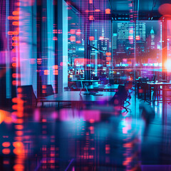 Modern neon cyberpunk open space office interior blurred with information technology overlay. Corporate strategy for finance, operations, marketing. Tables with computers for work. Generative Ai