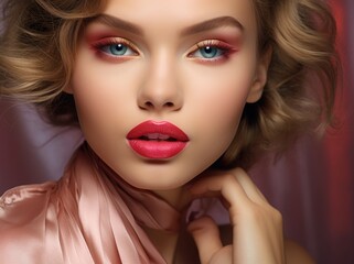 Elegant woman with soft makeup posing in a pink silk dress, exuding luxury and femininity.