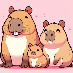 Obraz na płótnie Canvas Cute family of capybaras illustration cartoon in pink background