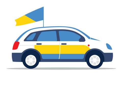 Blue and yellow car with flag on top side view. Cartoon hatchback with a sports stripe design. Motorsport and rally car vector illustration.