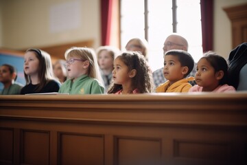 jury box filled with children eagerly watching the trial - obrazy, fototapety, plakaty