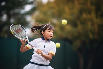 girl swinging a tennis racket hitting a ball
