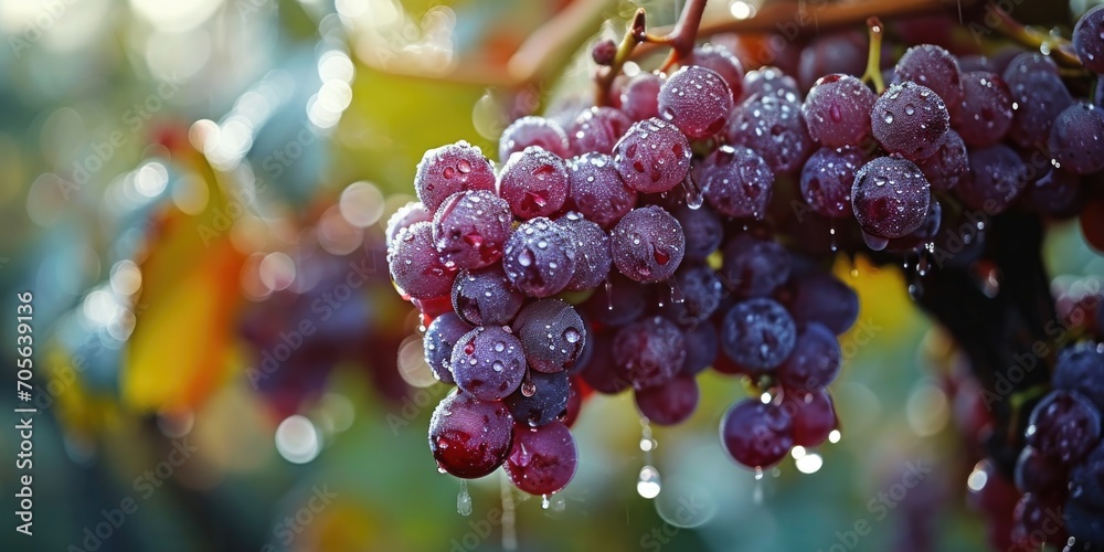Poster a bunch of red grapes hanging from a tree. suitable for food and agriculture related projects