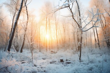 winter sunrise through a frosted forest