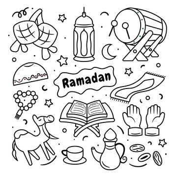 Set of Sketch Outline Ramadan Islamic Doodle Cartoon Illustration