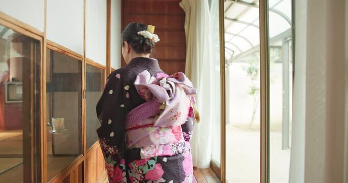 Woman, japan and tea ceremony tradition in tatami room for healing ritual, harmony or calm environment. Female person, kimono dress and hot rink for self connection, religious experience or health