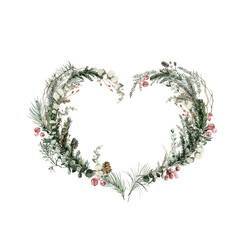 Watercolor floral frame. Hand painted heart of leaves, green fir tree branches, berries, eucalyptus, cedar. Botanical wreath of forest greenery for card design, wedding print, st valentine day - obrazy, fototapety, plakaty