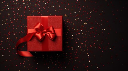 Top view with a deep red background, confetti and a red gift box depict Christmas, Valentine's Day, Generative AI.