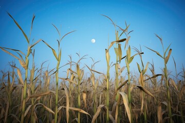 moonlit cornfield with crows perched on stalks