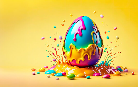 Melting colorful Easter egg on yellow background. Creative picture with flowing colors, Easter celebration