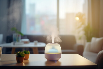 A diffuser stands on a table in a room against the background of a window.
