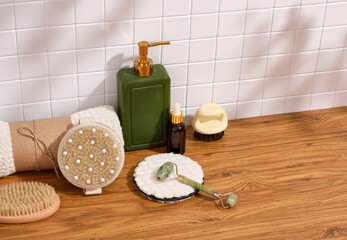Hygiene accessories and bodycare concept. Eco friendly toiletries. Copy space for text.