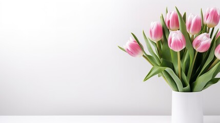 White backdrop with vacant space and a bunch of pink tulips in a vase, Generative AI.