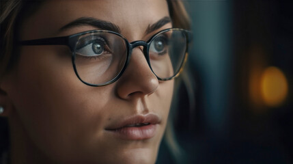 pretty caucasian woman with glasses seeing, optics close up. created with ai