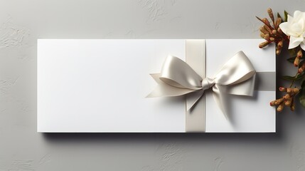 Fototapeta na wymiar White backdrop with a grey ribbon bow and a blank white gift voucher isolated on it, Generative AI.