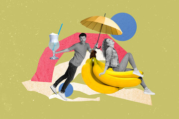 Creative advert of summertime resort opening collage young guy holding umbrella and milkshake for his wife isolated on khaki background