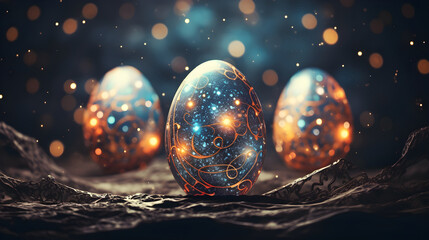 Composition with fantastic futuristic Easter eggs on a dark space background. Copy space. - obrazy, fototapety, plakaty