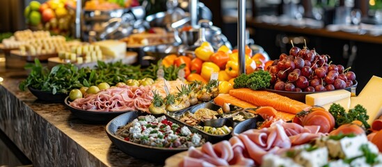 Fototapeta premium Luxurious restaurant with buffet offering brunch and lunch options, including a variety of delicious foods such as cheese, salmon, ham, pastries, and juices.