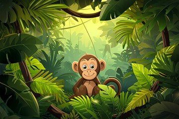 cartoon style of a monkey in the jungle