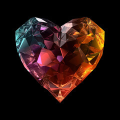Heart shape, on black background, low poly crystal style. orange, pink and emerald. Valentine's Day design element.