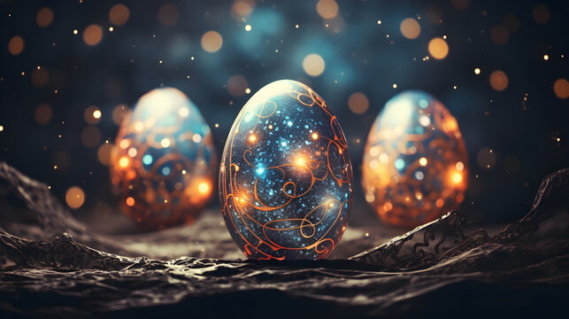 Naklejki Composition with fantastic futuristic Easter eggs on a dark space background. Copy space.