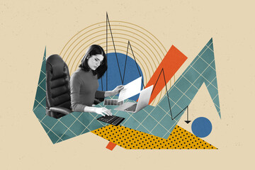 Photo collage of successful accountant young business woman economist control financial company...