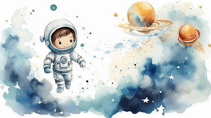 children's illustration of a child watercolor astronaut on a white background, a fairy tale about space flight - obrazy, fototapety, plakaty