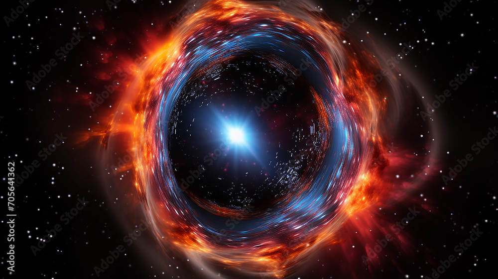 Poster black hole, illustration of a multicolored singularity in outer space abstract fictional bright cosm