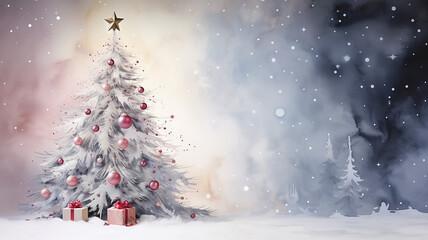 christmas card decorated christmas tree watercolor vintage style