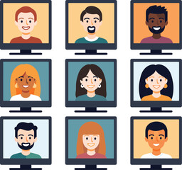 Diverse group of cartoon people smiling in computer screens. Nine happy, multiethnic characters in a grid of monitors. Online conference concept vector illustration.