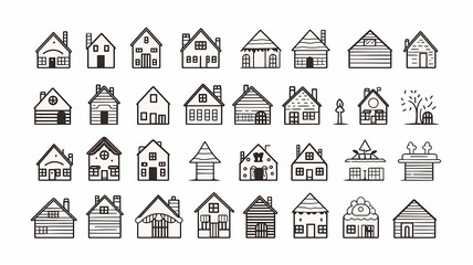 collection of icons of small houses isolated on a white background, flat minimalism graphics, set of illustrations of simple houses - obrazy, fototapety, plakaty