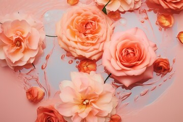 Romantic creative layout with roses floating in water. Minimal nature abstract backdrop. Spa and cosmetic concept background, banner, card. Valentine or woman day. Peach fuzz - color of 2024 year 
